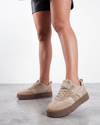 Sneakers khaki con inserto animalier, striscia dorata e fondo platform gum - foto 2