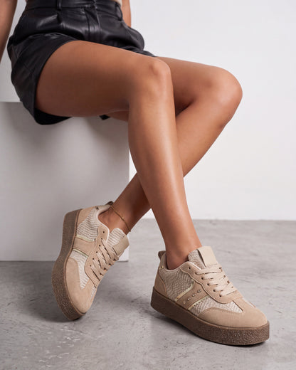 Sneakers khaki con inserto animalier, striscia dorata e fondo platform gum - foto 3