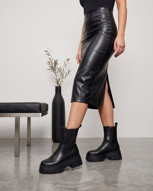 Stivaletti chelsea neri con suola carrarmato, modella in gonna in ecopelle, gambe in piedi