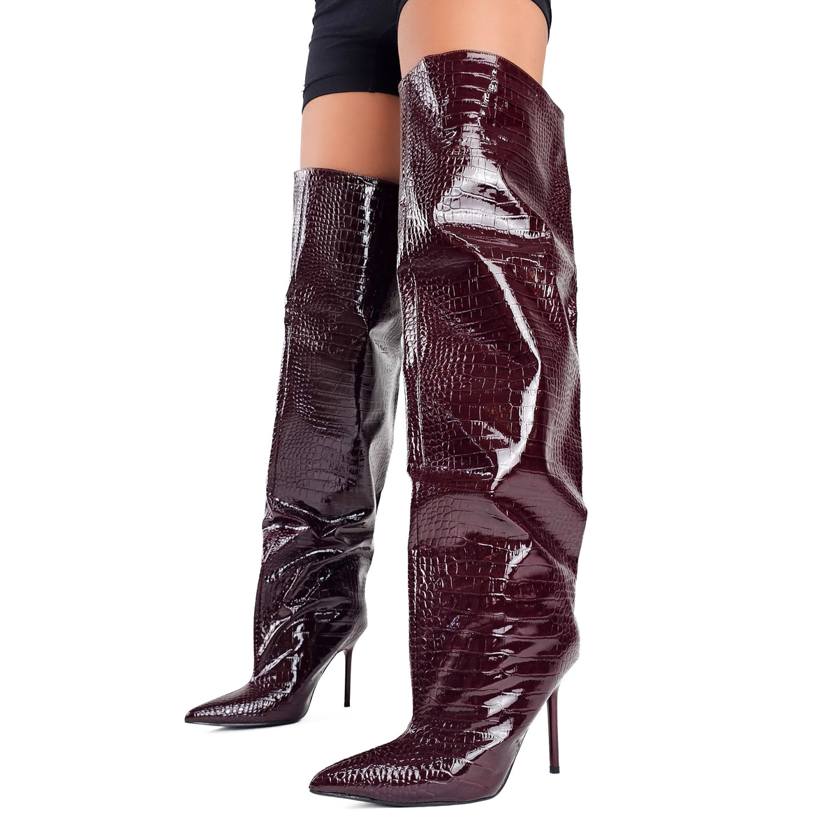 Stivali donna sopra il ginocchio in vernice pitonata color wine con tacco a stiletto