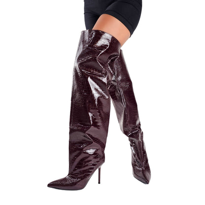 Stivali donna sopra il ginocchio in vernice pitonata color wine con tacco a stiletto - foto 4