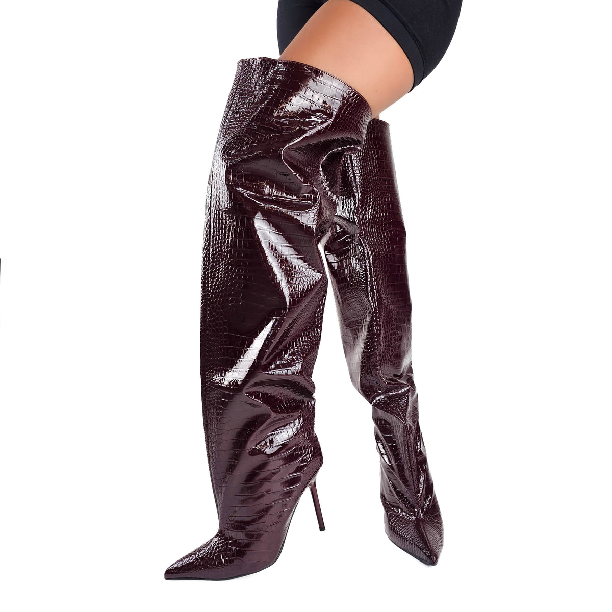 Stivali donna sopra il ginocchio in vernice pitonata color wine con tacco a stiletto - foto 5
