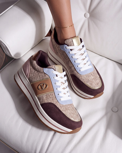 Sneakers donna marrone e beige con fascia azzurra e suola platform - foto 4