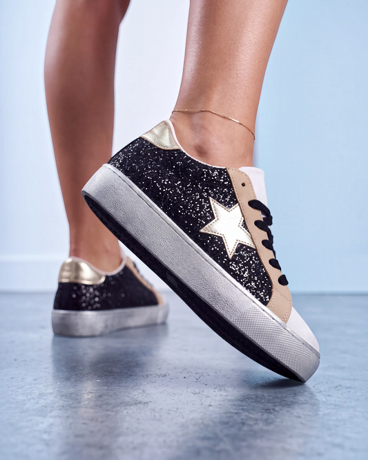 Sneaker nera glitterata con stella oro metallizzata e tallone beige