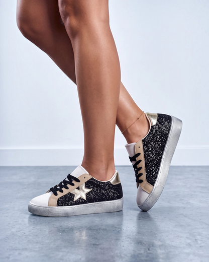 Sneaker nera glitterata con stella oro metallizzata e tallone beige - foto 2