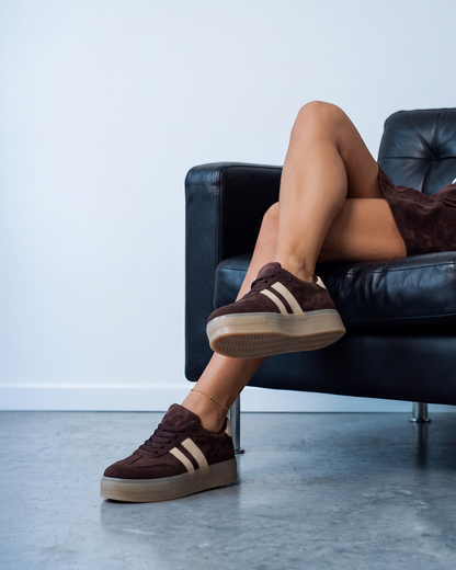 Sneakers donna in ecocamoscio marrone con bande beige e suola gum traslucida - foto 4