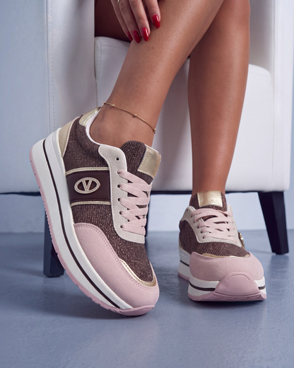 Sneakers donna rosa e marrone con suola platform bianca e lacci - foto 2